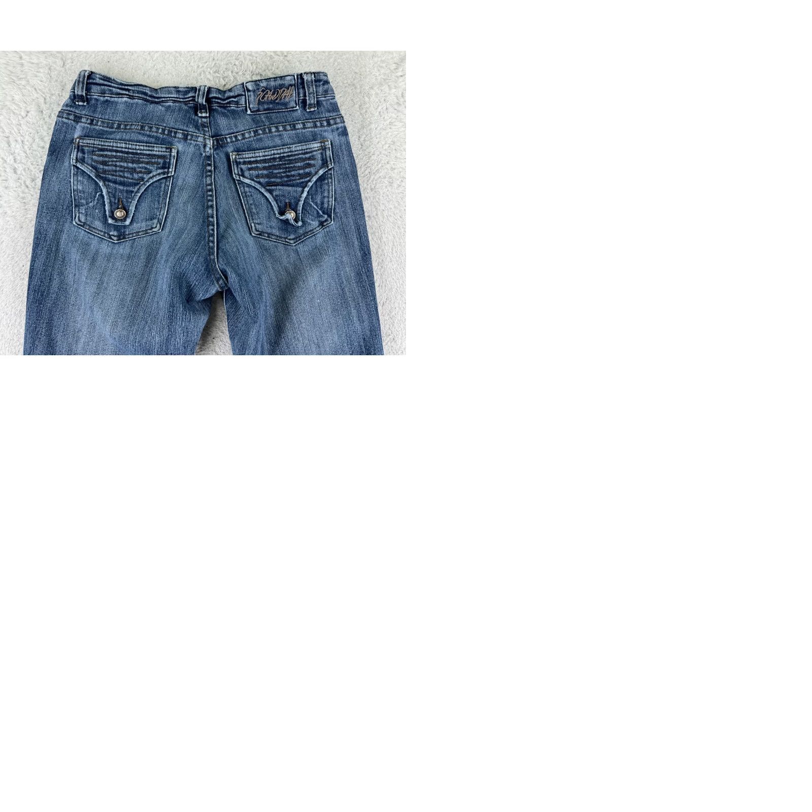 Vintage Scandal Jeans Women Bootcut Denim 5-Pocket Blue Mid Rise 28 Inseam 30 Cotton Blend Stretch Distressed Embroidered Zipper Modern Casual Womens Jeans Size 28" / US 6 / IT 42 - 10 Thumbnail