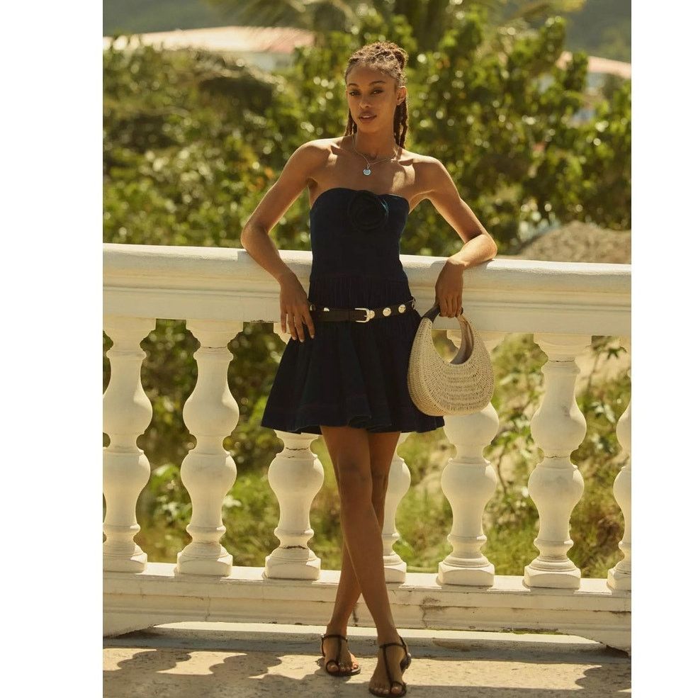 Anthropologie NWT Maeve Rosette Strapless Fit & Flare Denim Mini Dress Size XS / US 0-2 / IT 36-38 - 1 Thumbnail