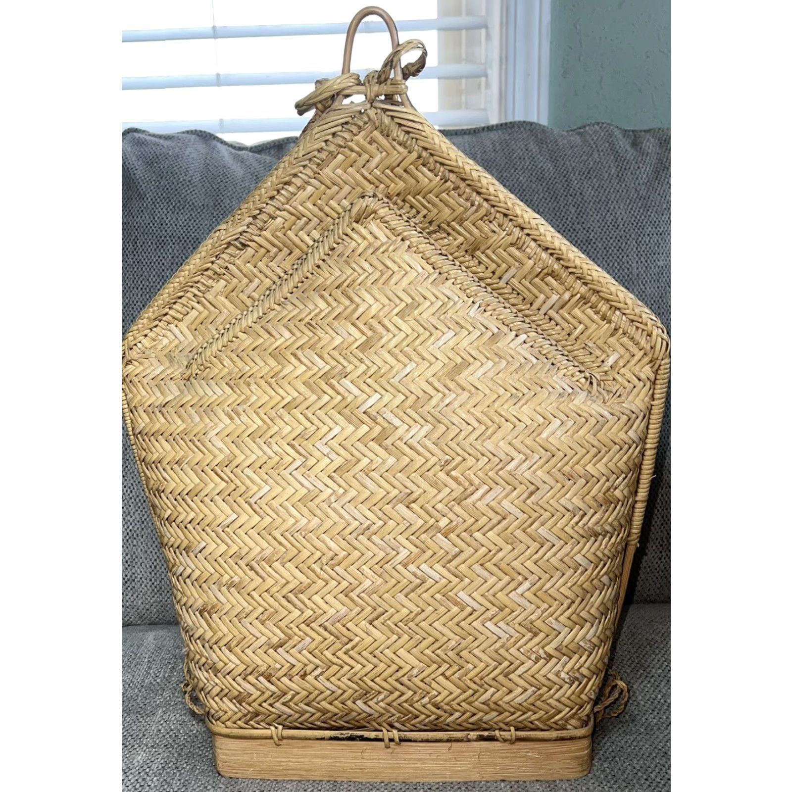 Asket VINTAGE Pasiking HandMade Woven Bag Backpack Tan Beige Bamboo BOHO 1970s Ethnic/Peasant Bag 21”x16”x5.5” Mens Womens (if applicable) Size ONE SIZE - 7 Thumbnail