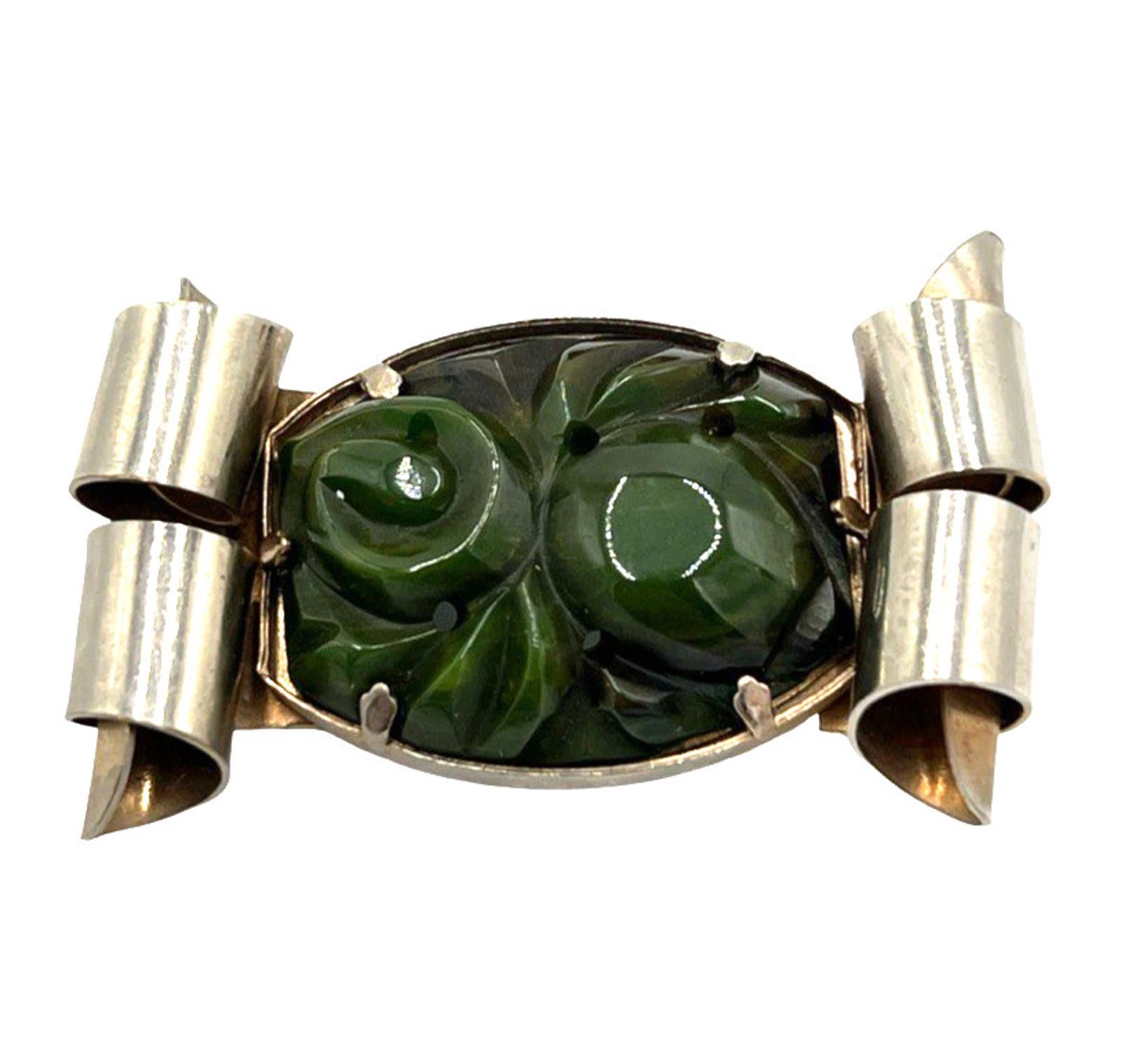 Other Deeply Carved Spinach Green Bakelite Art Deco Brooch Size ONE SIZE - 1 Thumbnail
