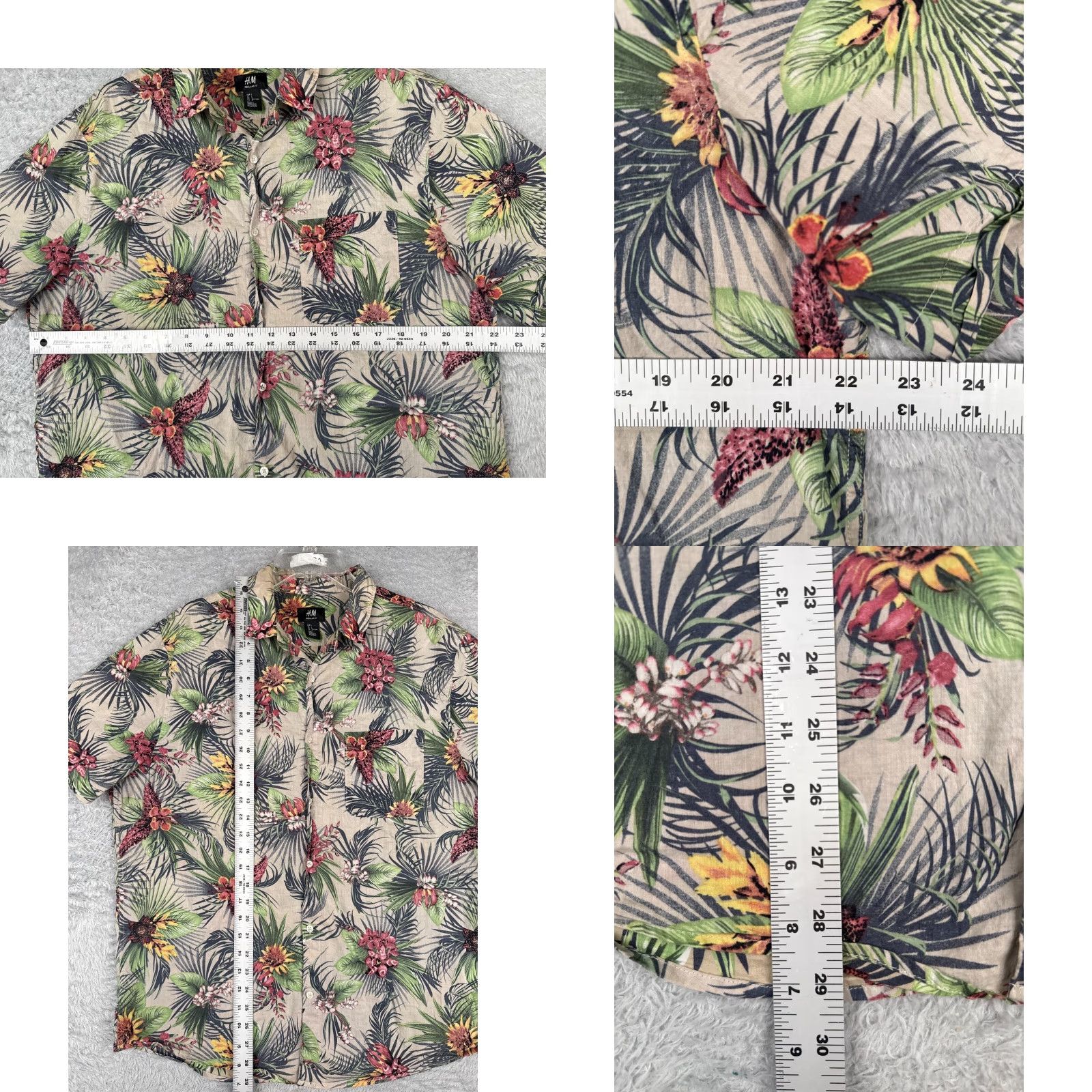 H&M H&M Shirt Adult Large Gray Green Red Floral Leaf Button Up 100% Rayon Pocket Size US L / EU 52-54 / 3 - 8 Thumbnail