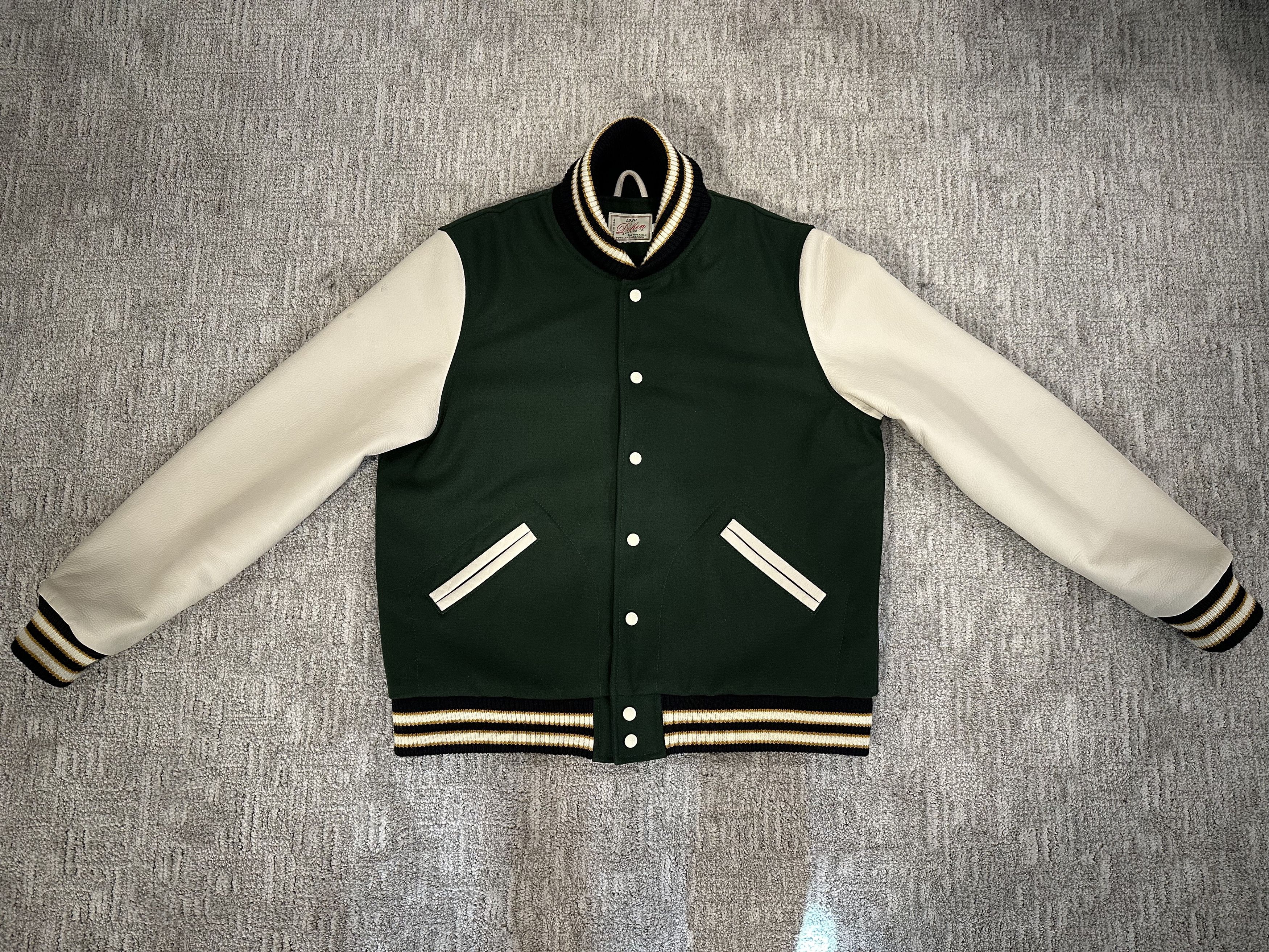 image of Dehen 1920 Dehen Varsity Jacket - Pine/milk in Green/White, Men's (Size XL)