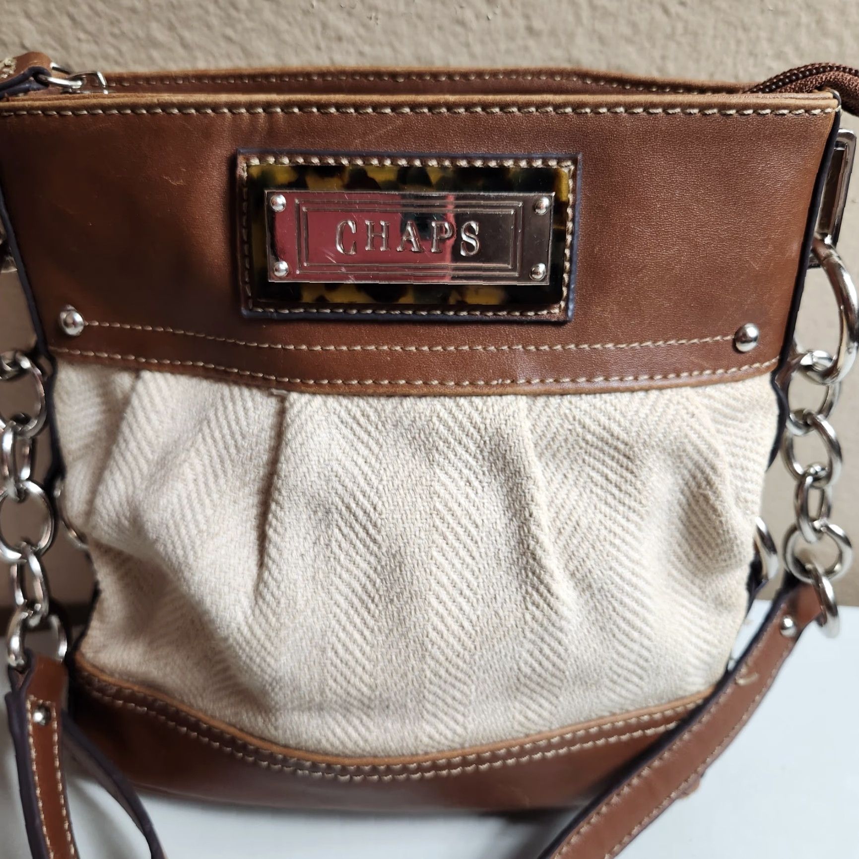 Chaps Chaps Crossbody Bag Womens Cream Canvas Herringbone/Brown Faux Leather Travel Casual Small Beige Beige Silver Crossbody Strap Size ONE SIZE - 4 Thumbnail