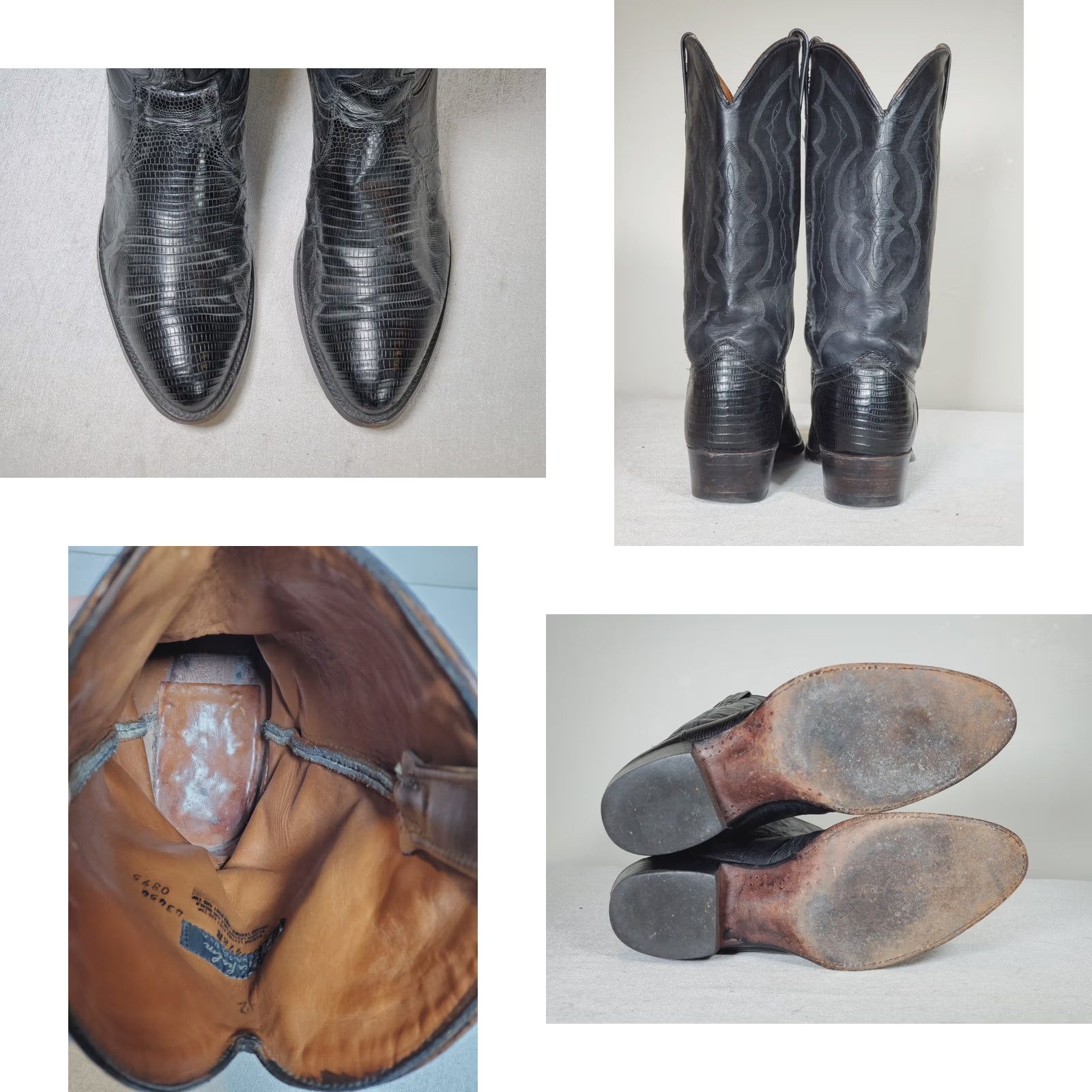 Vintage VTG J. Chisholm Black Teju Lizard Leather Western Cowboy Boots Men's US 10 D Shoe Width D Size US 10 / EU 43 - 8 Thumbnail