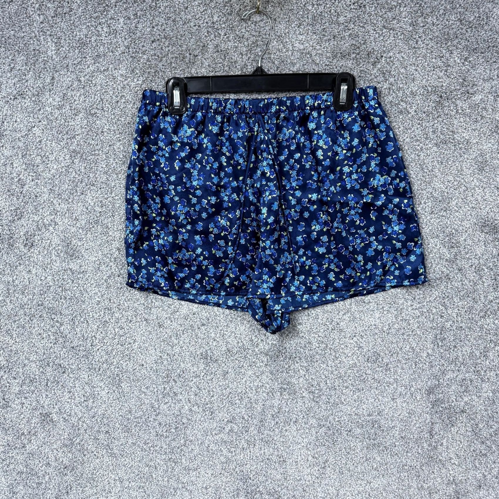 Vintage Satin Pajama Set Navy Floral 90s Grunge Y2K Womens L Slim Collared Short Sleeve Drawstring Shorts Size ONE SIZE - 6 Thumbnail