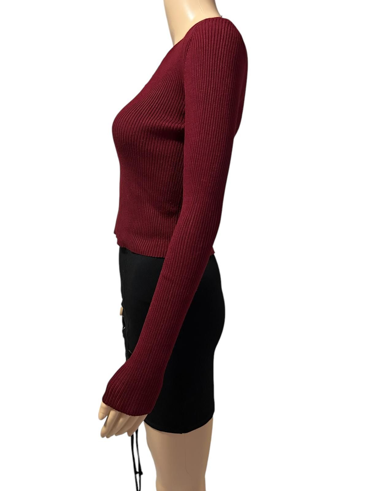 Forever 21 Forever 21 Burgundy Lace-Up Ribbed Sweater Size L / US 10 / IT 46 - 3 Thumbnail