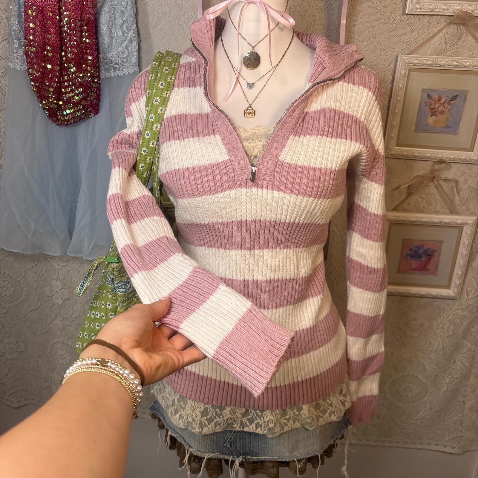 Other vintage pink striped quarter zip sweater Size L / US 10 / IT 46 - 2 Thumbnail
