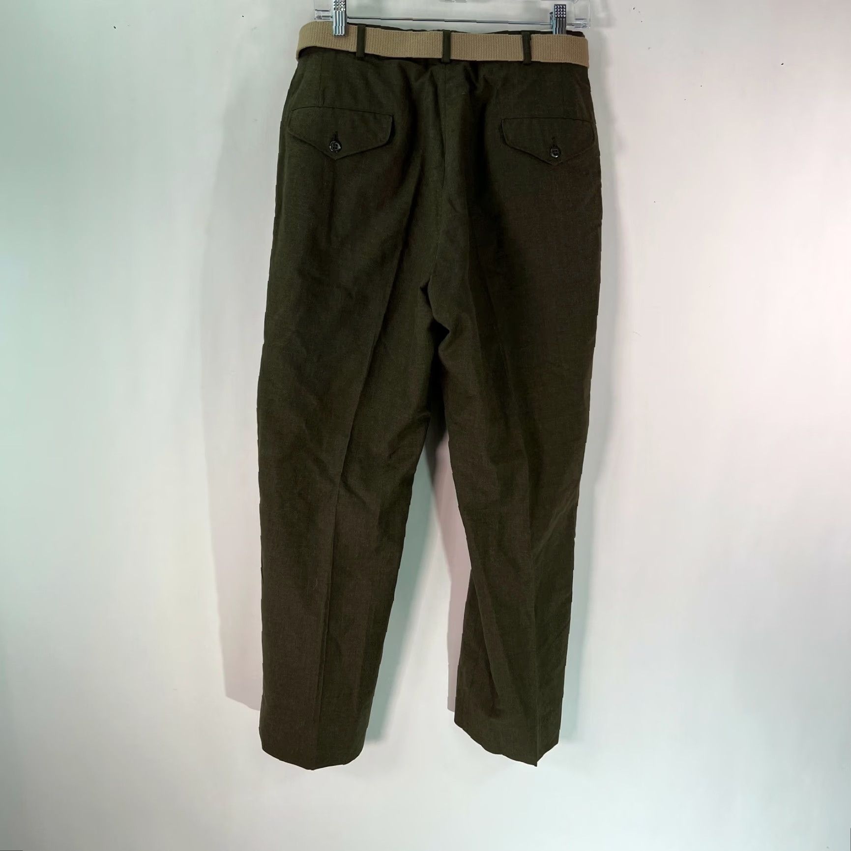 Vintage Mens Flat Front Straight Leg Low Rise Green Belted Trouser Dress Pants Size 33S Size US 32 / EU 48 - 2 Thumbnail