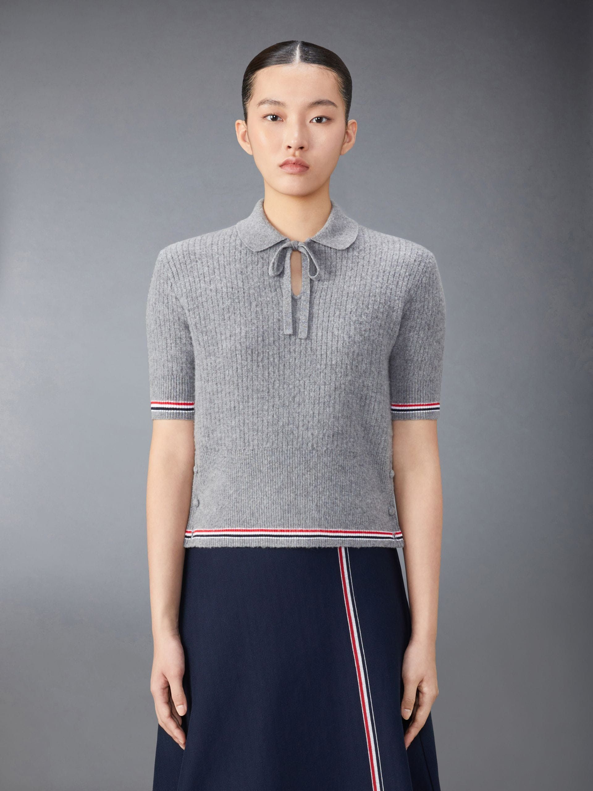 Thom Browne o1s22i1n0924 Short-Sleeved Merino Wool Polo Shirt in Grey Size M / US 6-8 / IT 42-44 - 1 Thumbnail