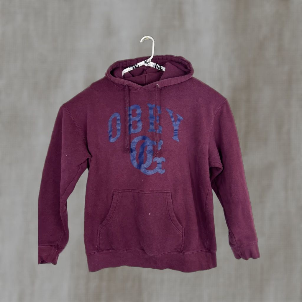 Obey VINTAGE Obey Hoodie - Mens Large Pullover Maroon “OG” Bleach Stain Back Stain Red Cotton Blend Size US L / EU 52-54 / 3 - 1 Thumbnail