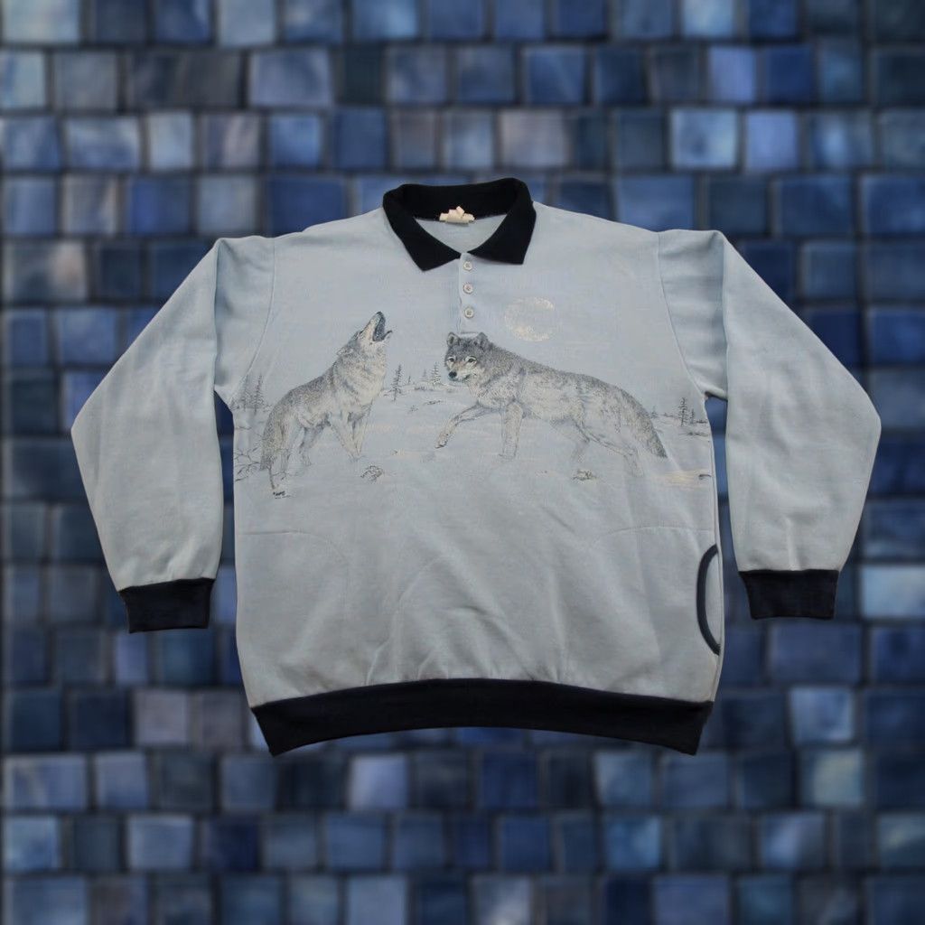 Vintage Vintage Artisan Wolf Graphic Henley Sweatshirt Blue Men's L 90s Sports Hooded Sweatshirt Size US L / EU 52-54 / 3 - 1 Thumbnail