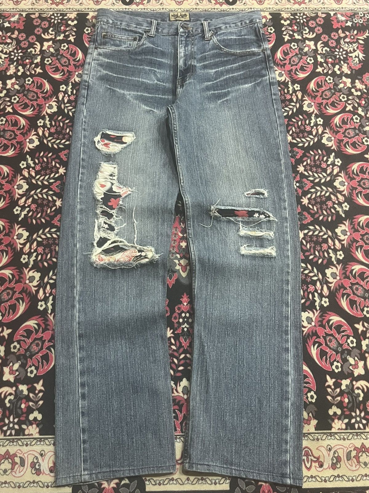 Japanese Brand Vintage Nylaus Floral Boho Patchwork Distressed Whisker Jean Size US 32 / EU 48 - 1 Thumbnail