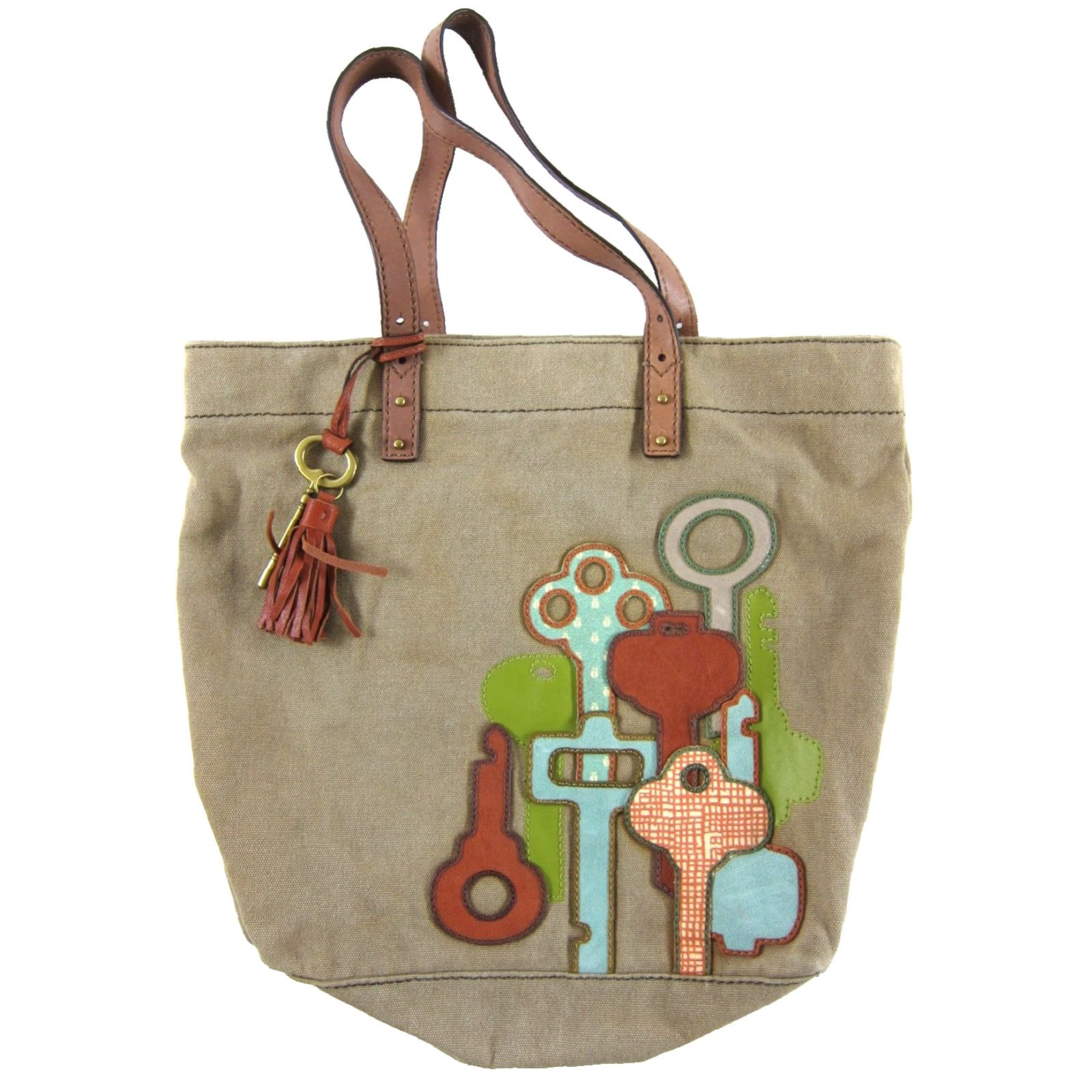 Fossil RARE Vintage Fossil Brown Canvas Gold Leather Key Patch Tote Shoulder Bag Purse Size ONE SIZE - 2 Thumbnail