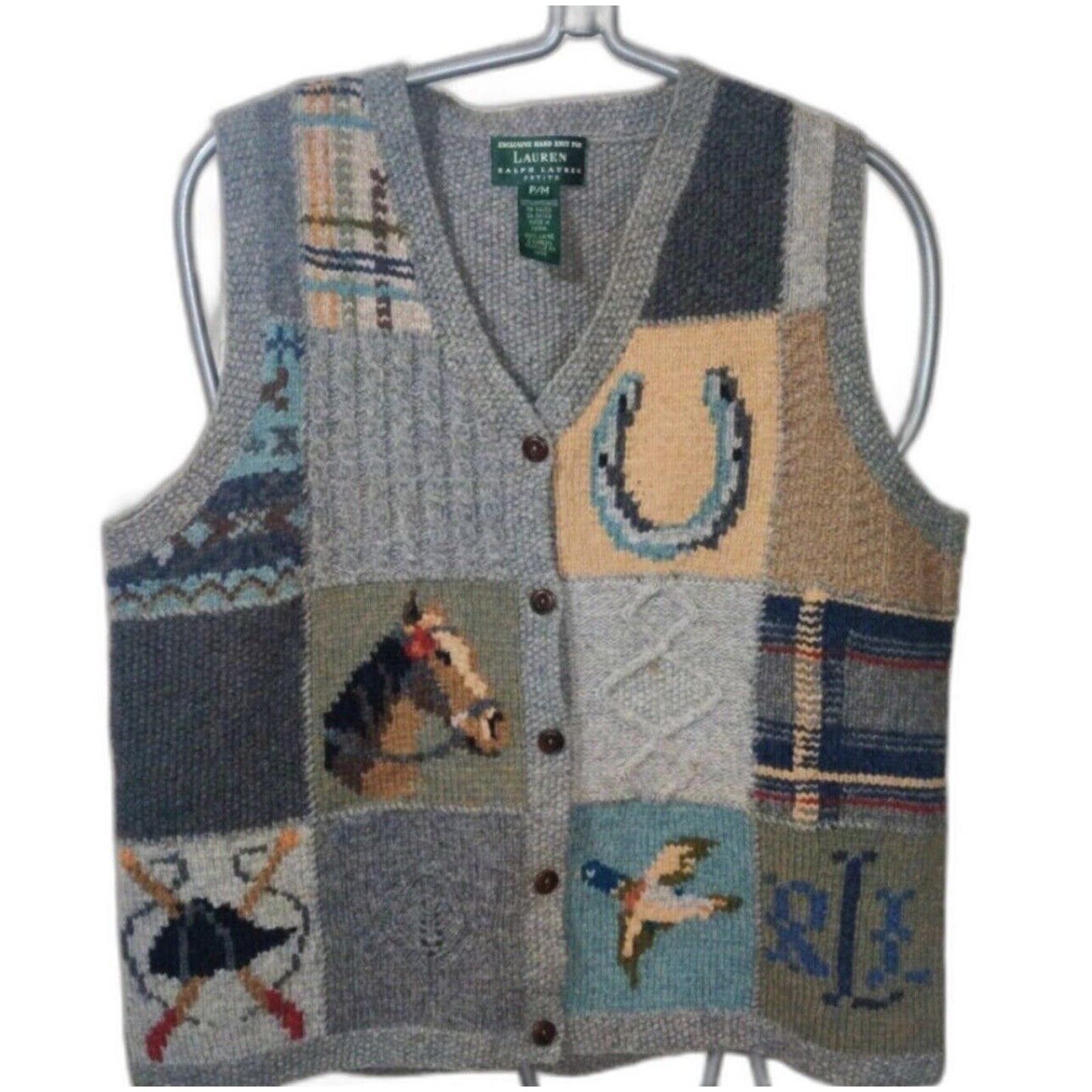 image of Lauren Ralph Lauren Ralph Laurent Wool Patchwork Equestrian Hunting Sweater Vest, Women's (Size Med