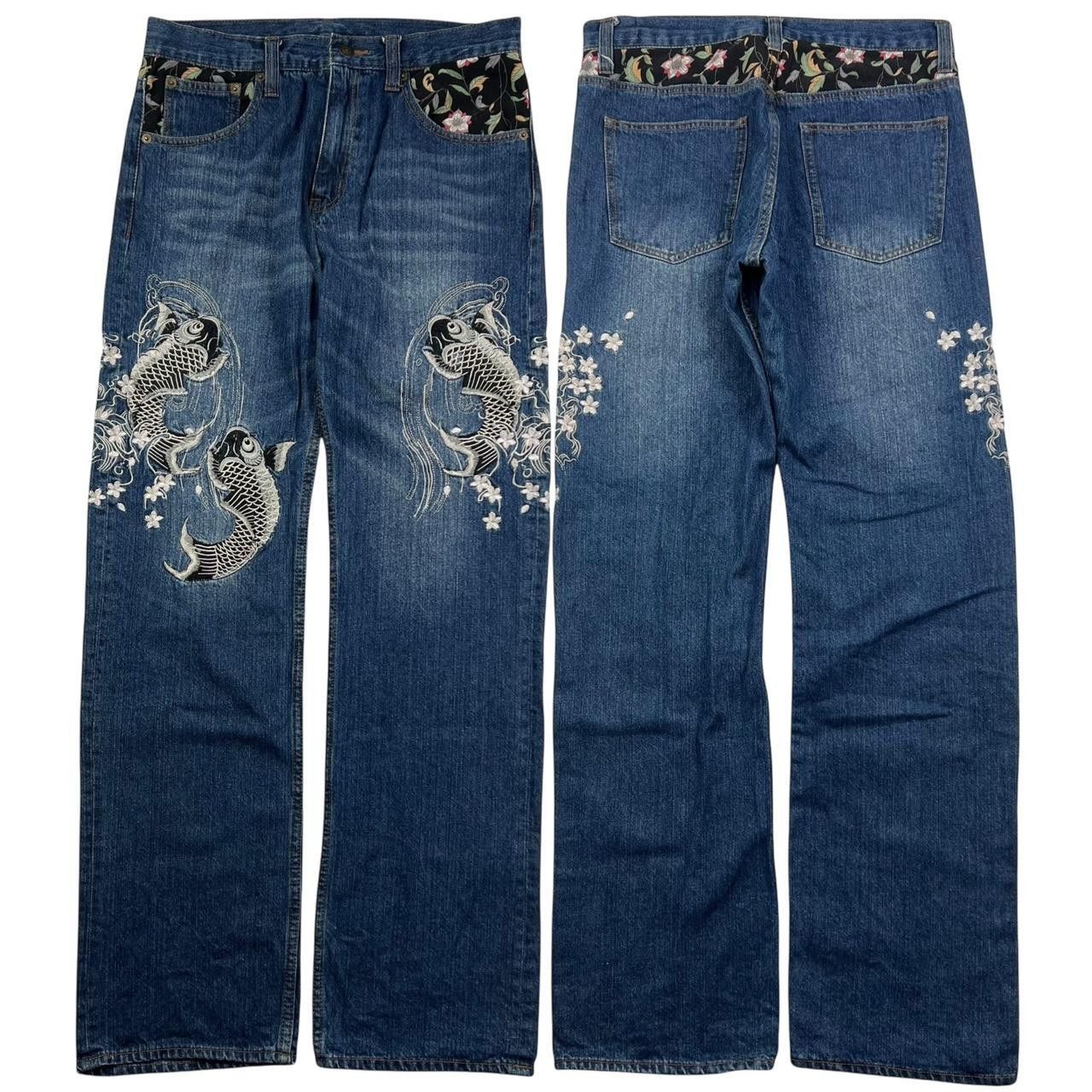 Japanese Brand Vintage Embroidered Koi Fish Japanese Denim Jeans - Waist 31 Size US 31 - 1 Thumbnail