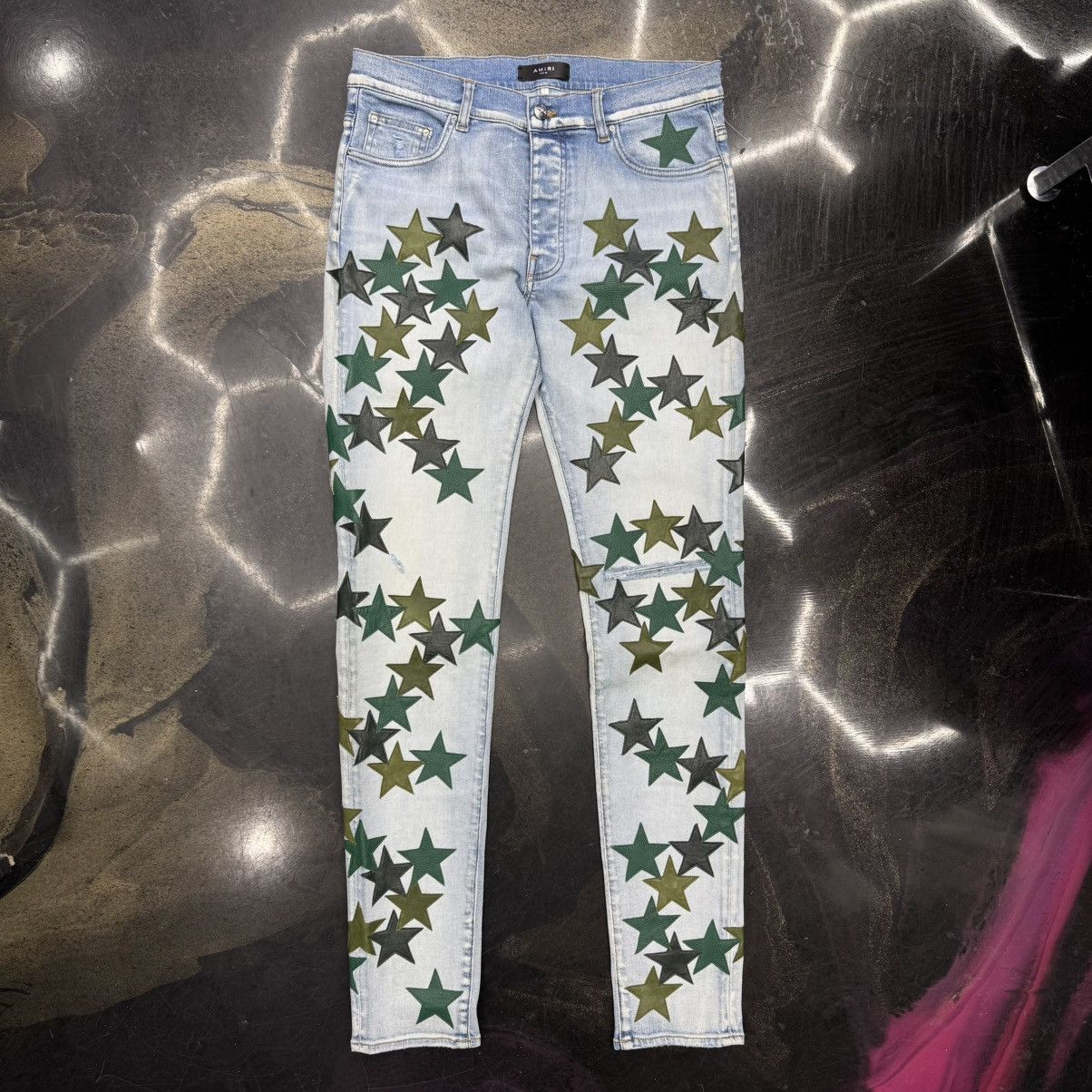 Amiri Chemist Leather Star Patch Jeans Light Indigo