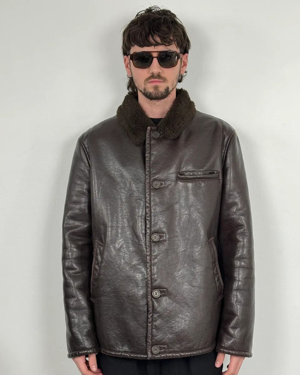 Armani 2000s Armani Buttoned Faux Leather Collar Brown Jacket Size US L / EU 52-54 / 3 - 2 Thumbnail