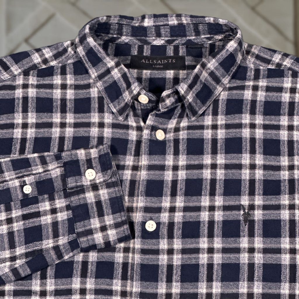AllSaints Shirt Mens Medium Navy Blue Plaid Check Flannel Oneida Long Sleeve