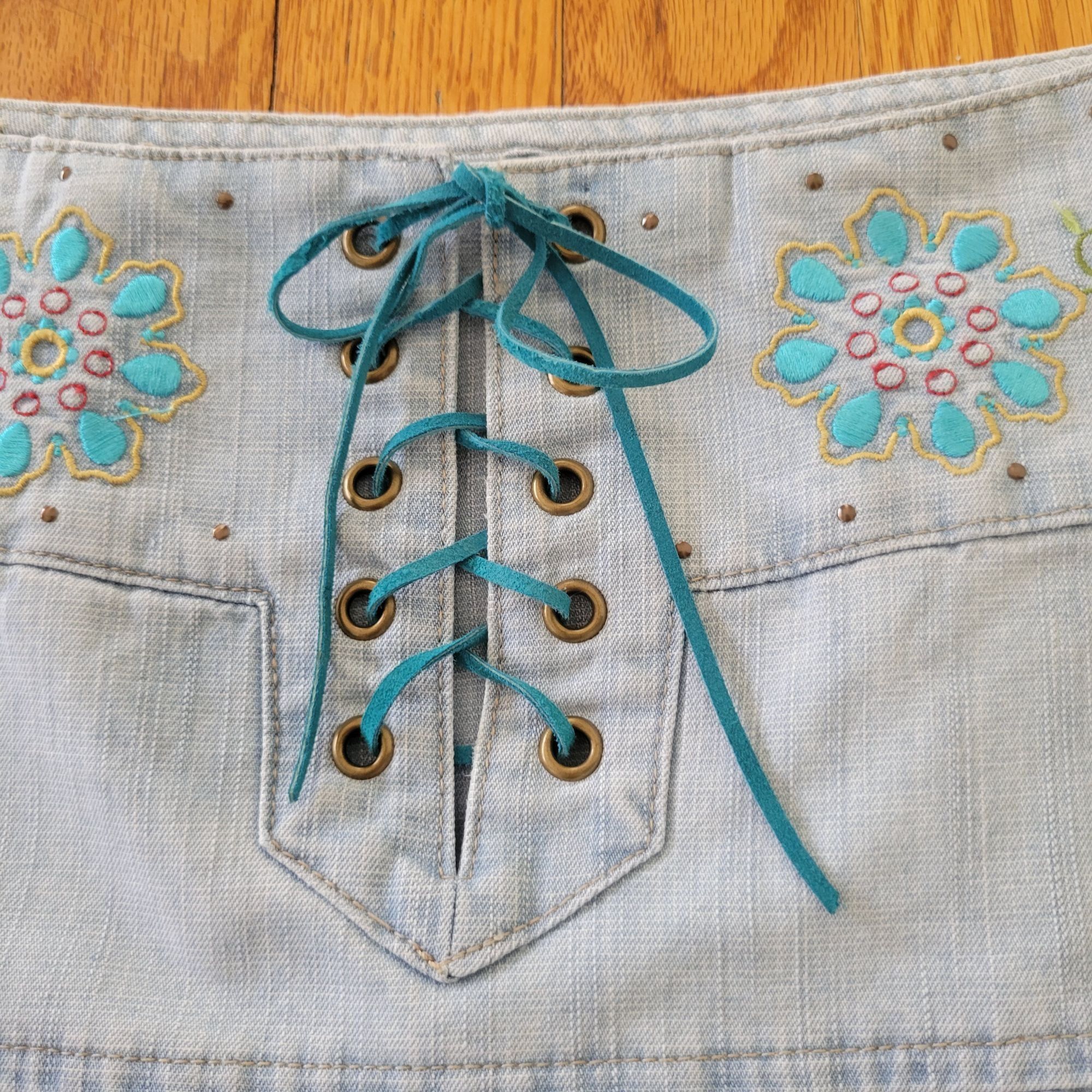 Vintage Zana Di Floral Embroidered Denim Skirt 13 Blue Jean Corset L Size 35" - 2 Thumbnail