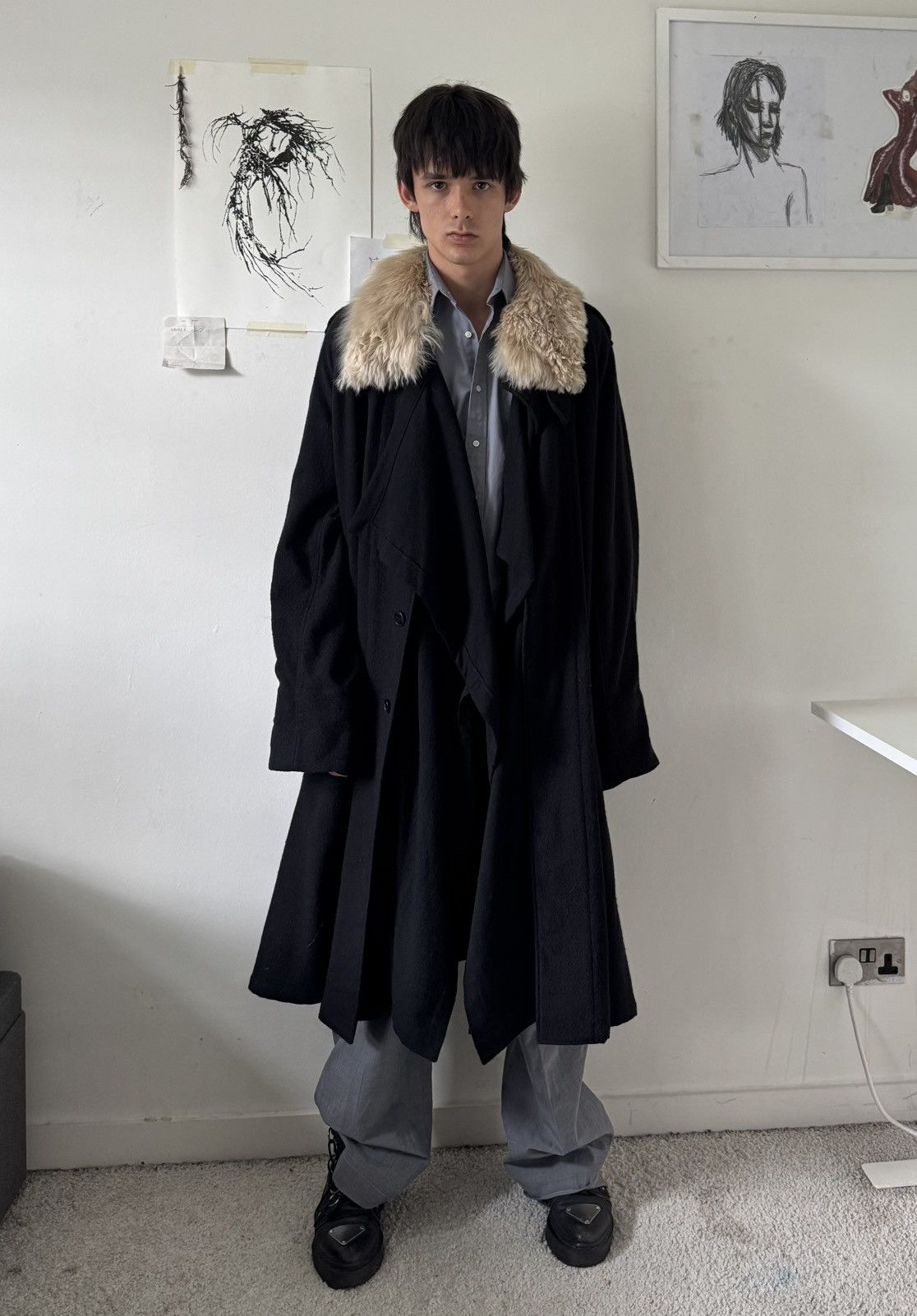 Ann Demeulemeester black wool coat with fur collar