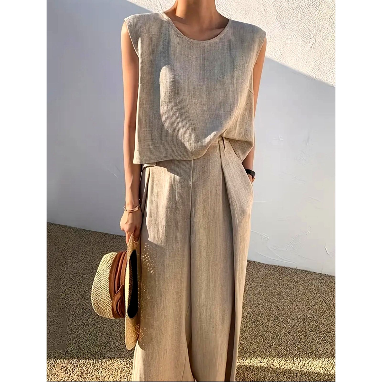 Other Casual 2 Pc Sleeveless Crew Neck Pleated Pant Set Khaki 12 Size 30" / US 8 / IT 44 - 4 Thumbnail