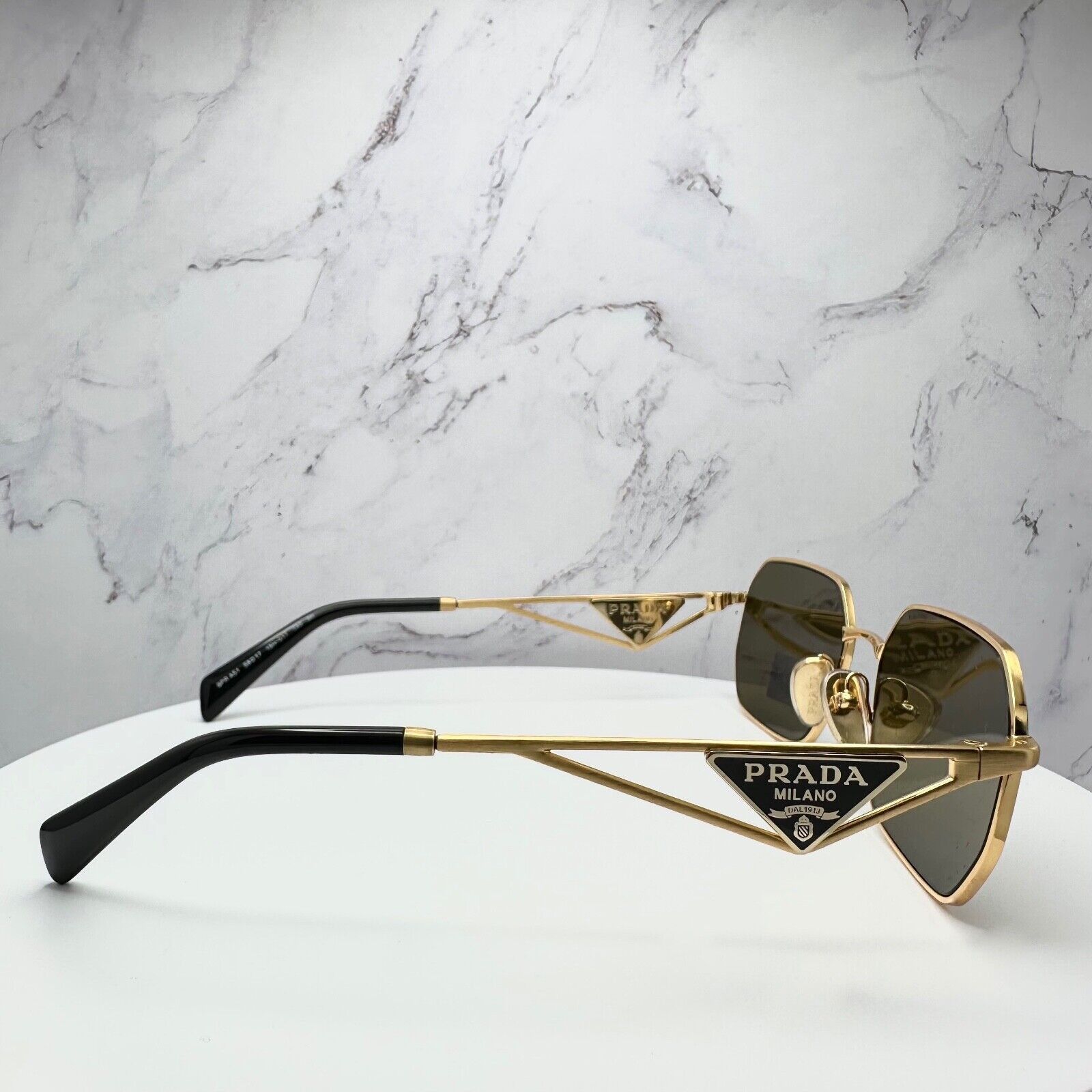 New Prada Sunglasses Gold Metal Black Plaque Triangle Logo