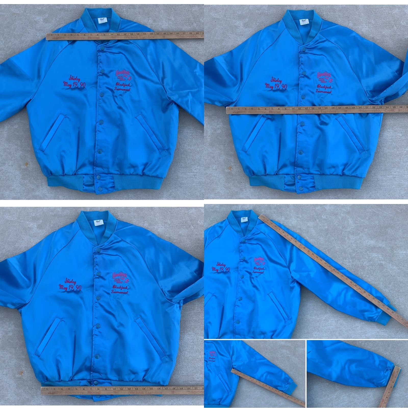 Vintage VINTAGE Tour Satin Jacket Unisex Adults L Blue Nylon Lining Embroidered 1990s 80s Casual Travel Pockets Snap Closure Size US L / EU 52-54 / 3 - 11 Thumbnail