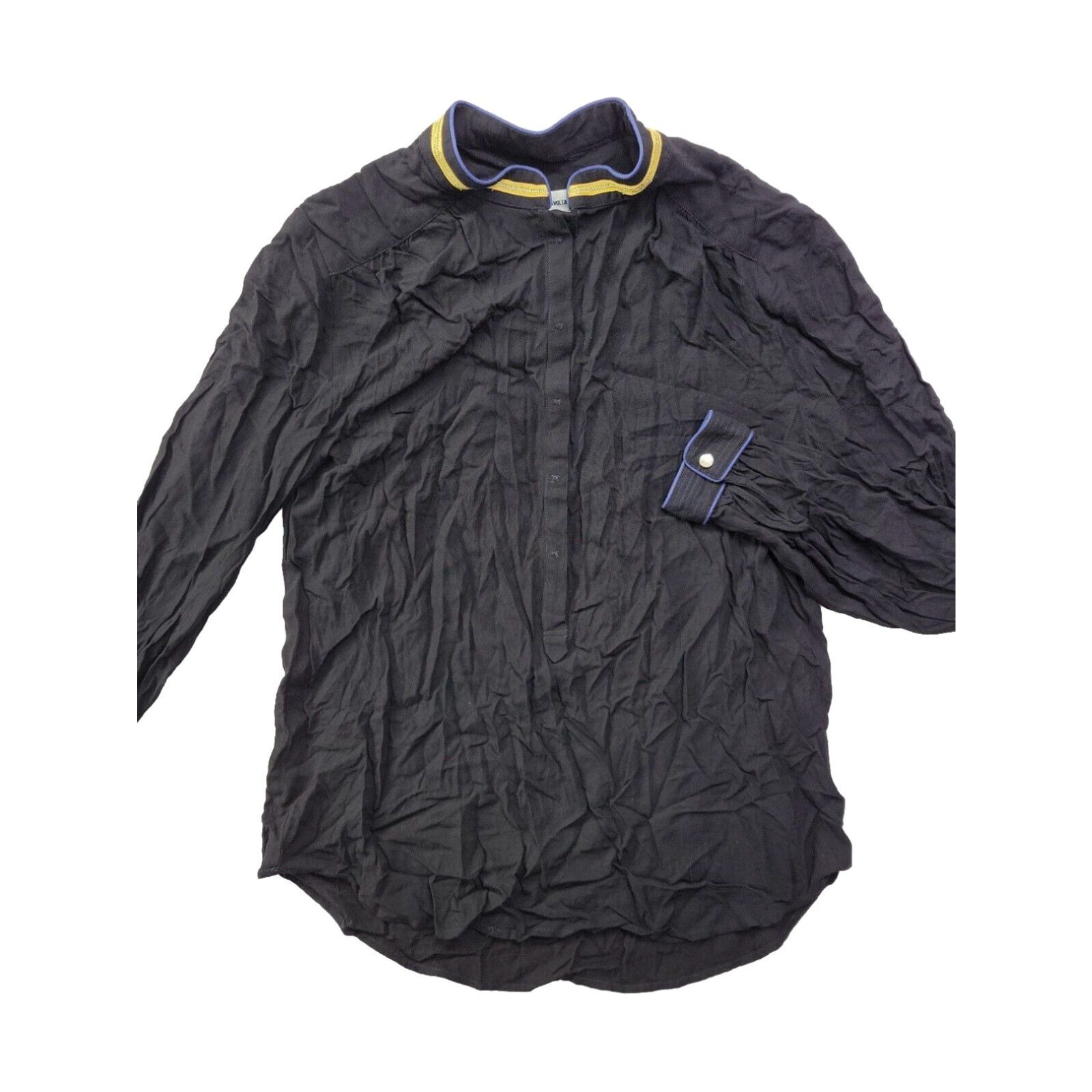 image of Zadig Voltaire Zadig & Voltaire Womens M Button Up Poplin Blouse Gold Blue Trim Mandarin Collar in 