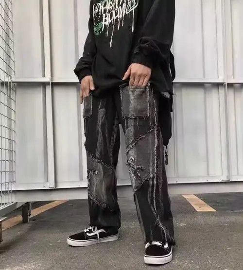 image of Men's Jeans Black Denim Trousers Male Patchwork (Size 28)