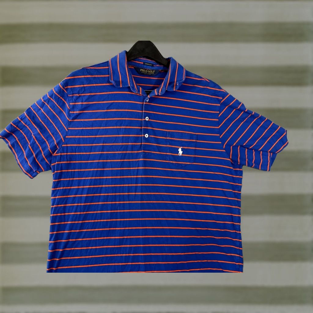 Polo Ralph Lauren Polo Ralph Lauren Polo Shirt Mens L Blue Orange Striped Logo Short Sleeve Vintage Lisle Size US L / EU 52-54 / 3 - 1 Thumbnail