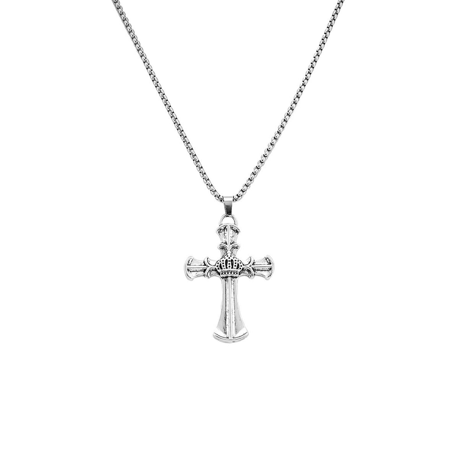 Jewelry Silver Crown Cross Pendant Necklace, Men's Religious Jewelry Size ONE SIZE - 4 Thumbnail