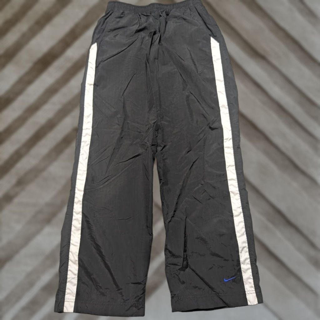 Nike VTG 90s NIKE Men Large Black Track Pants White Side-Stripe Blue Ankle Swoosh EUC Size US 33 - 1 Thumbnail