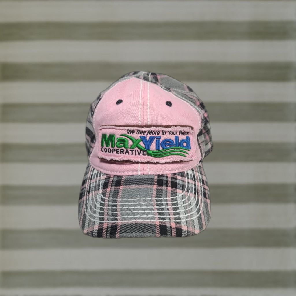 Pinko Cap America MaxYield Cooperative Hat Baseball Cap Pink Plaid Cotton Canvas Adjustable Unisex Adults Farmers Farming Theme 90s? Size ONE SIZE - 1 Thumbnail