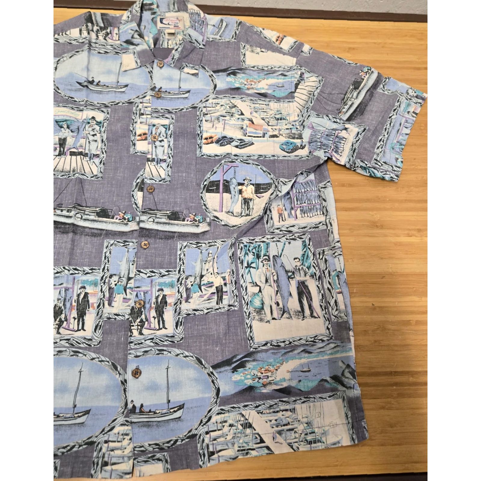 ALOHAS Bluewater Wear Shirt Mens 2XL Blue Gray Hawaiian Aloha Fishing Button Front USA Size US XXL / EU 58 / 5 - 2 Thumbnail