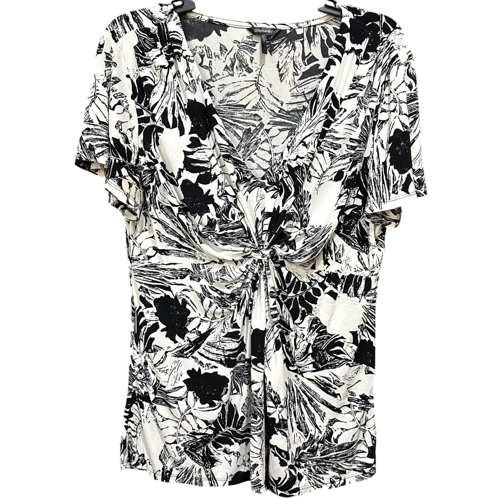 Vintage Daisy Fuentes Blouse Womens XL Black White Floral Twist Front Stretch Top Tunic V-Neck Flutter Sleeve Pullover Casual Short Sleeve Size XL / US 12-14 / IT 48-50 - 2 Thumbnail