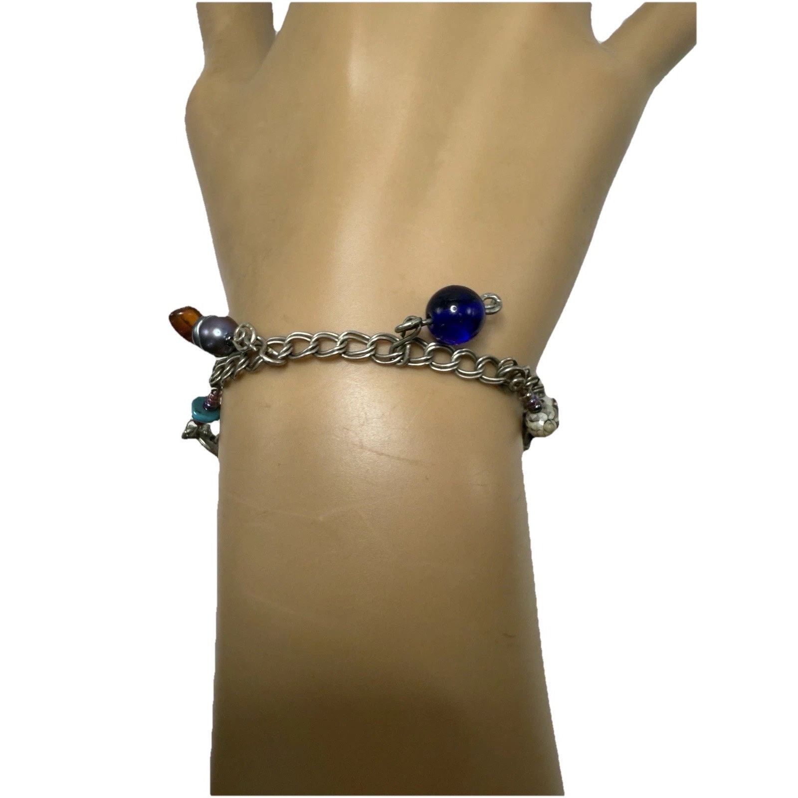 Sterling Silver Signed 925 Sterling Silver Charm & Beaded Bracelet 6.75” Size ONE SIZE - 3 Thumbnail