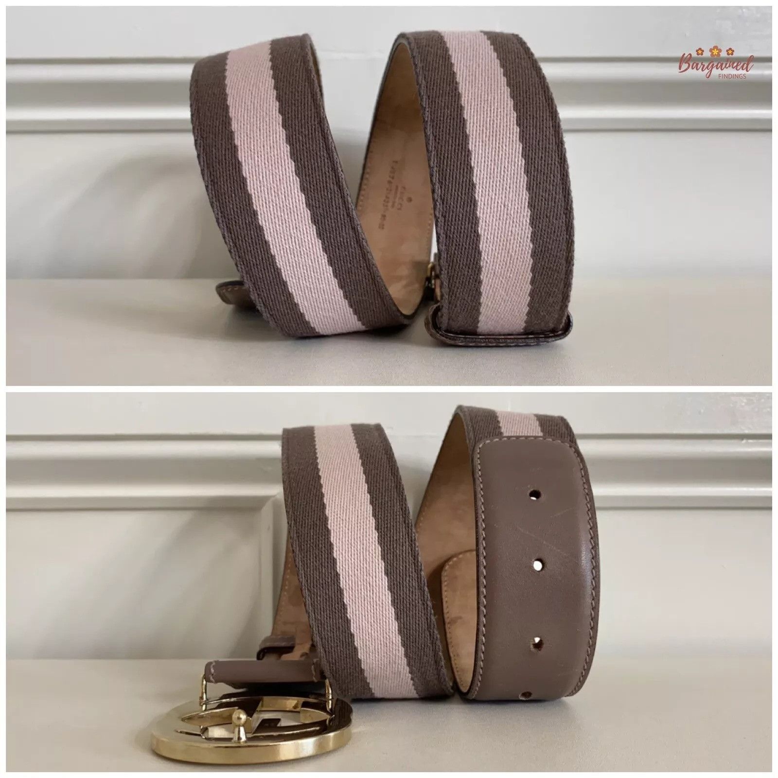 Gucci Gucci Taupe/Pink Web Leather Gold Interlocking G Buckle Belt Size 28 - 3 Thumbnail