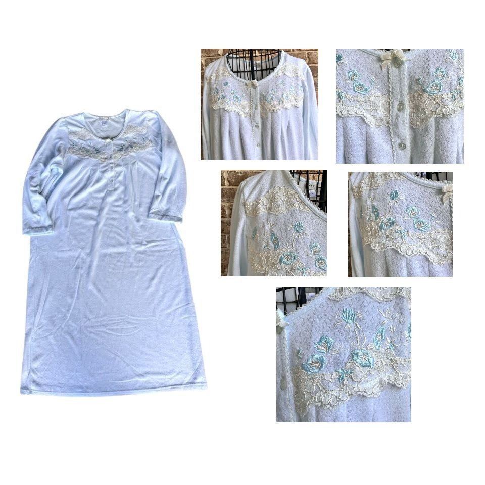 Vintage Miss Elaine Maxi Nightgown Small Blue Fleece Embroidered Size S / US 4 / IT 40 - 3 Thumbnail