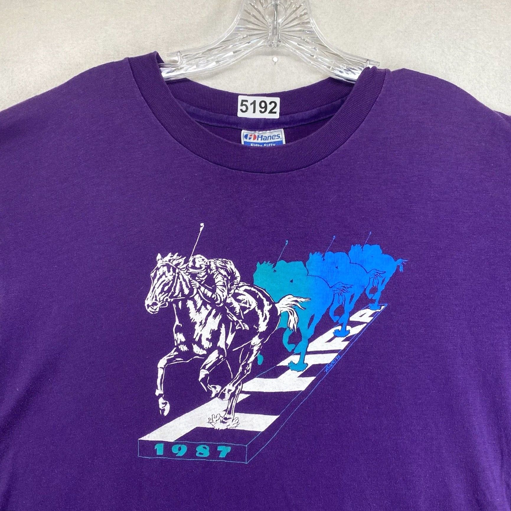 Hanes VINTAGE Hanes Horse Racing T-Shirt Purple 1980s Unisex Medium Short Sleeve Graphic Tee US Sportswear Size US M / EU 48-50 / 2 - 5 Thumbnail