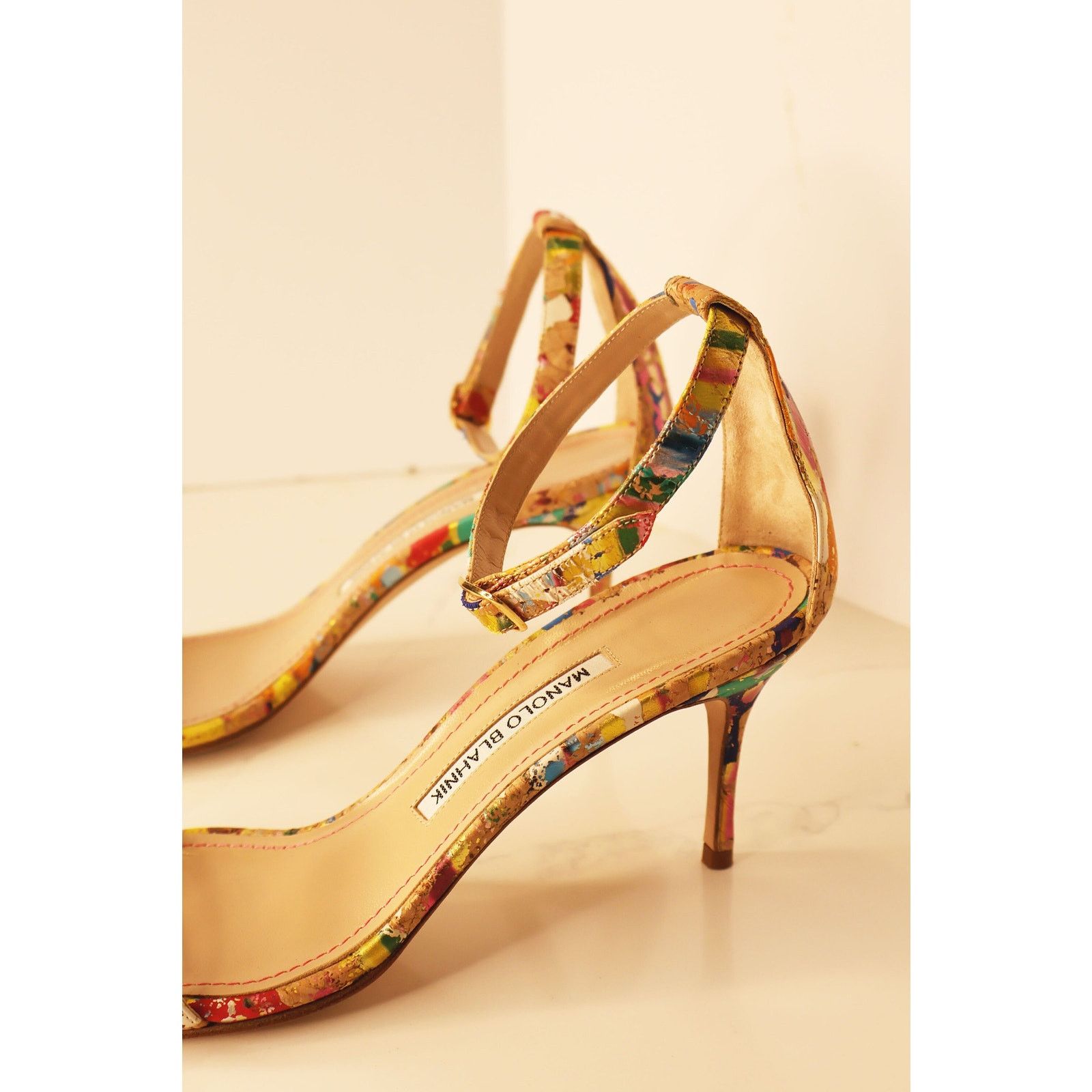 Manolo Blahnik Vintage Manolo Blahnik Cork + Splatter Paint Chaos Sandal Size US 8.5 / IT 38.5 - 8 Thumbnail
