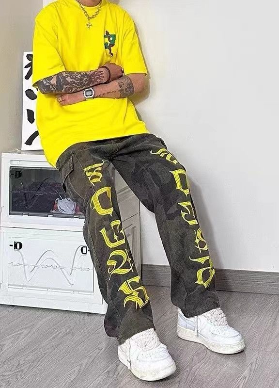 Retro street camouflage workwear straight denim trousers