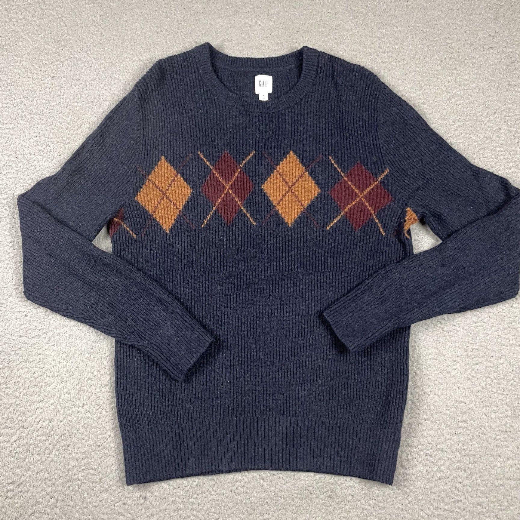 Gap VINTAGE GAP Sweater, Argyle Wool Knit, Blue, S, Pullover, Men, Classic, Preppy, 90s, Casual Knit, Fall Winter, Long Sleeve, Collarless, Navy Size US S / EU 44-46 / 1 - 2 Thumbnail