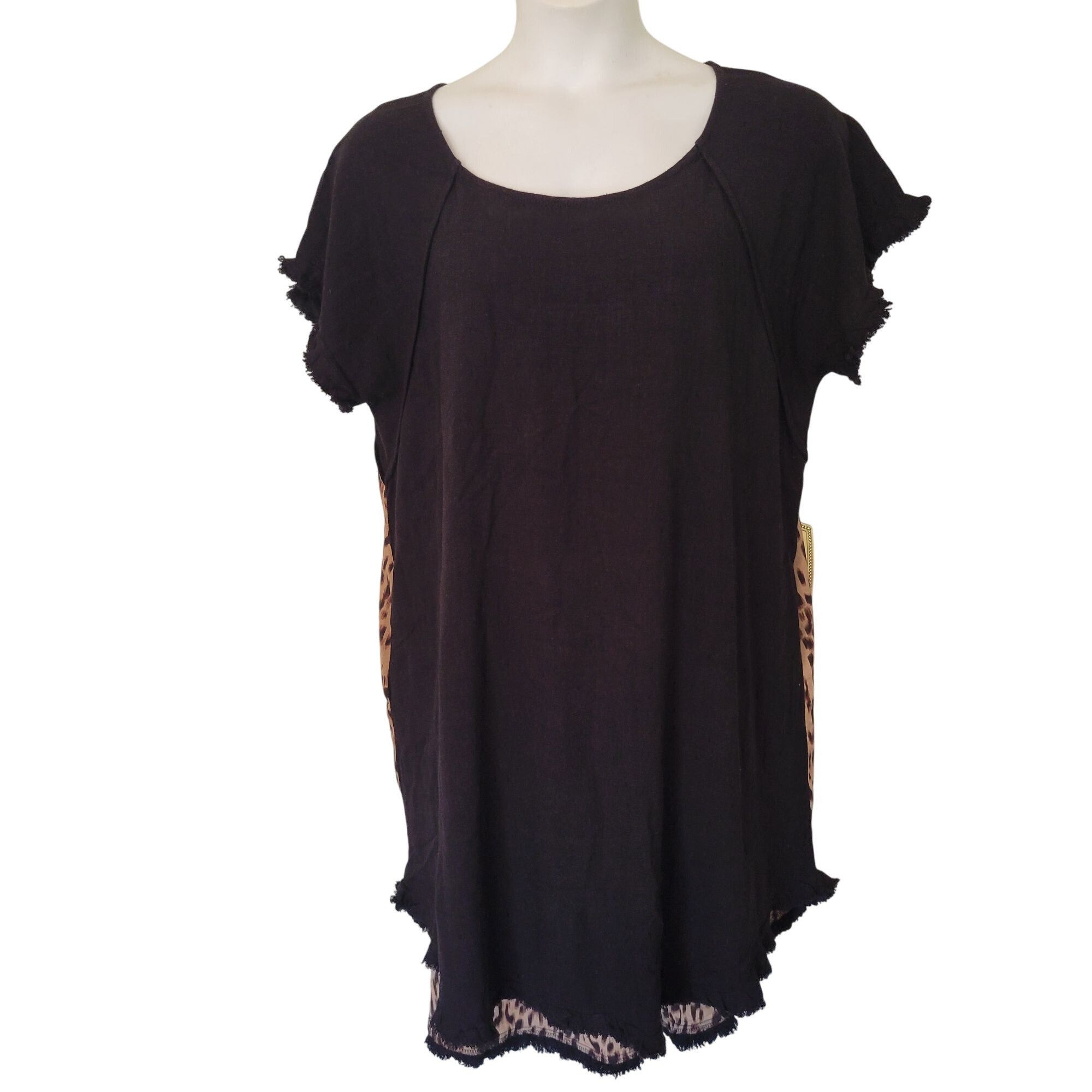 Vintage Umgee USA Black Tunic Dress Leopard Print Frayed Hem XL Line Size XL / US 12-14 / IT 48-50 - 1 Thumbnail