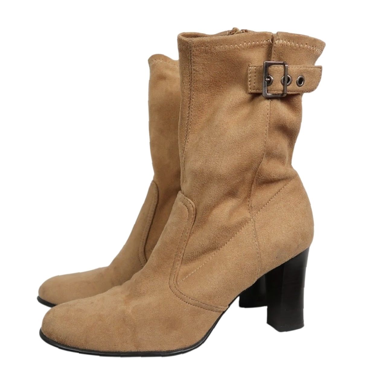 Vintage VINTAGE Predictions Tan Faux Suede Heeled Mid Calf Boots 7.5 Womens Boots 90s High Heels Zip Buckle Vintage 90s Event Theme 3" Heel Size US 8 / IT 38 - 4 Thumbnail