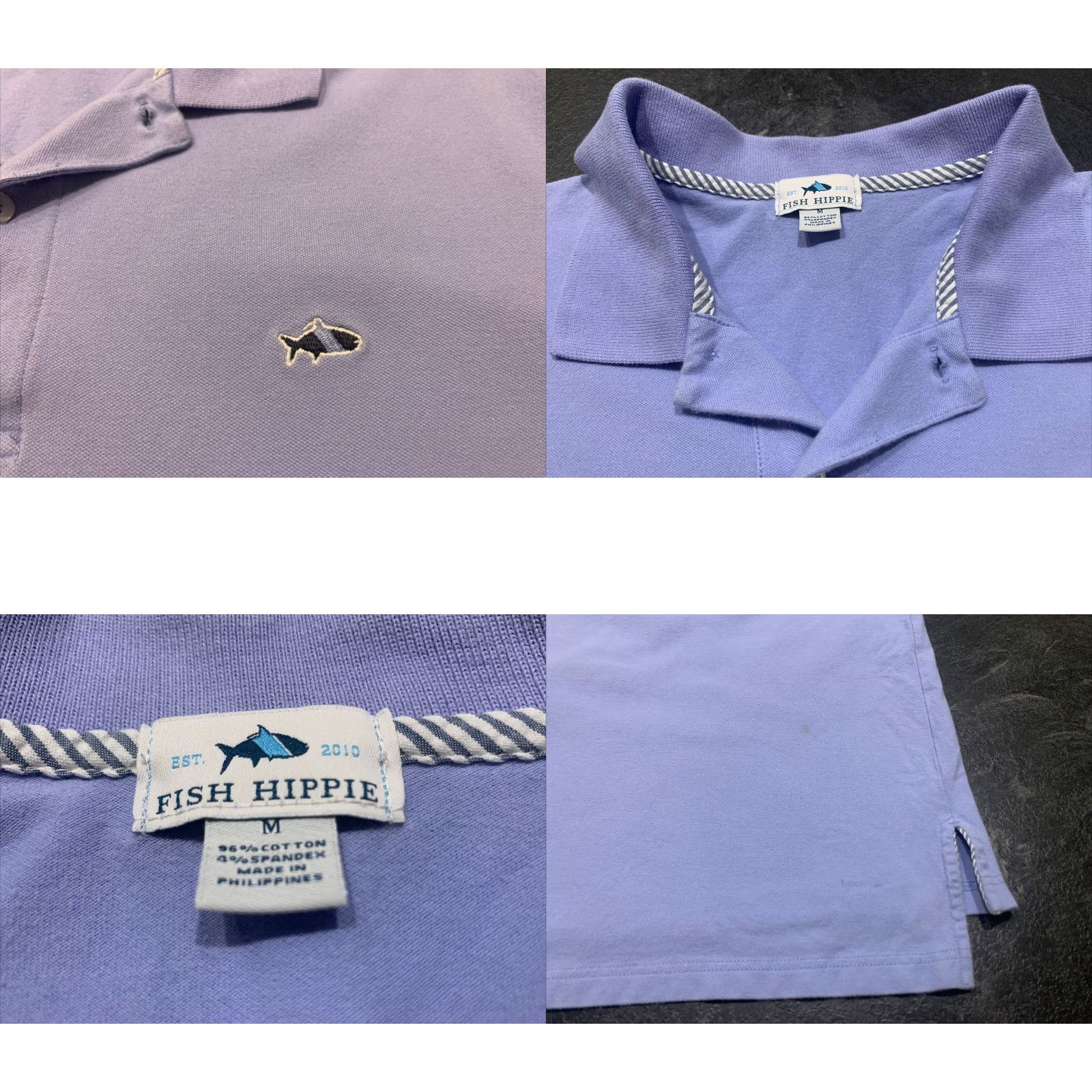 Vintage Hippie Fish Co. Men's Lightweight Polo Shirt Striped Short Sleeve M Blue Purple Lavender Fishing Size US M / EU 48-50 / 2 - 4 Thumbnail
