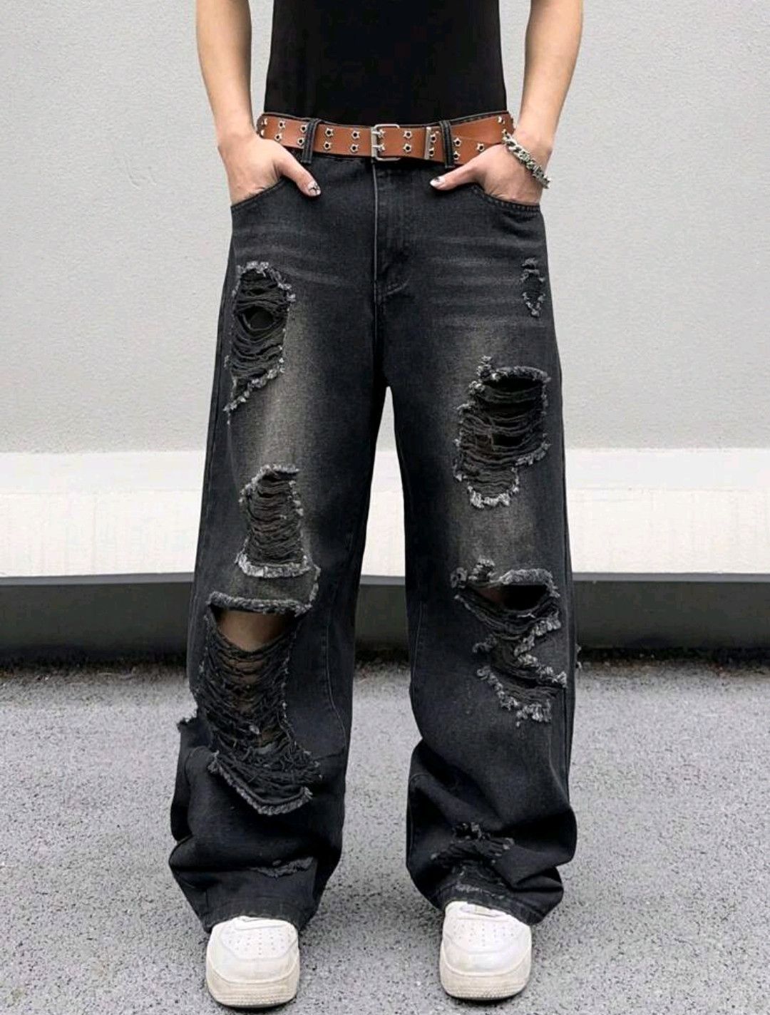 Japanese Brand × Jean Distressed Black Ripped Torn Jeans Y2k sh Size US 35 - 1 Thumbnail
