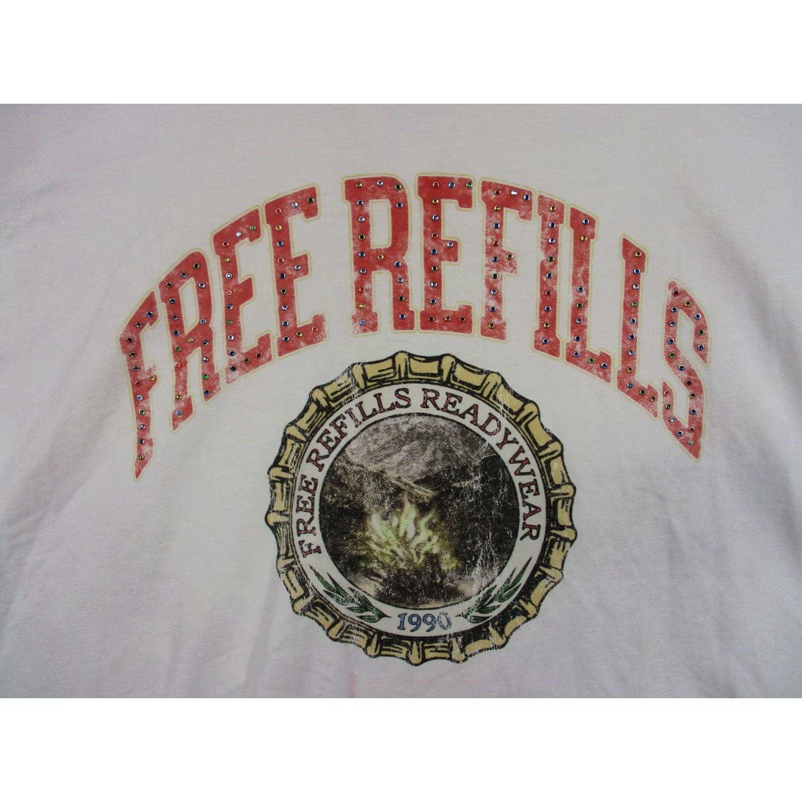 Vintage Free Refills Shirt Mens 2XL White Rhinestone Readywear 1990 Graphic Tee T-Shirt Size US XXL / EU 58 / 5 - 2 Thumbnail