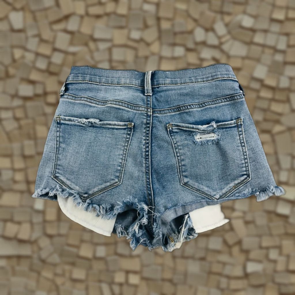 Vintage Mudd Shorts Women's Size 3 High Rise FLX Stretch Distressed Cut-Off Shortie Denim Blue 100% Cotton Casual Womens Boys Girls Mens Size 26" / US 2 / IT 38 - 1 Thumbnail