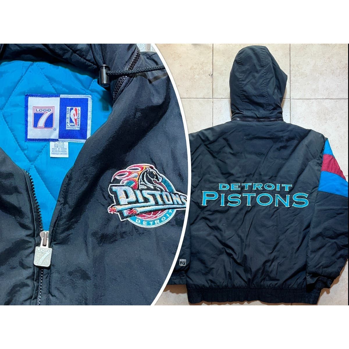 Image of Starter Detroit Pistons 90's Pro Player Puffer L Black Teal Nba Vtg, Men's (Size Large)