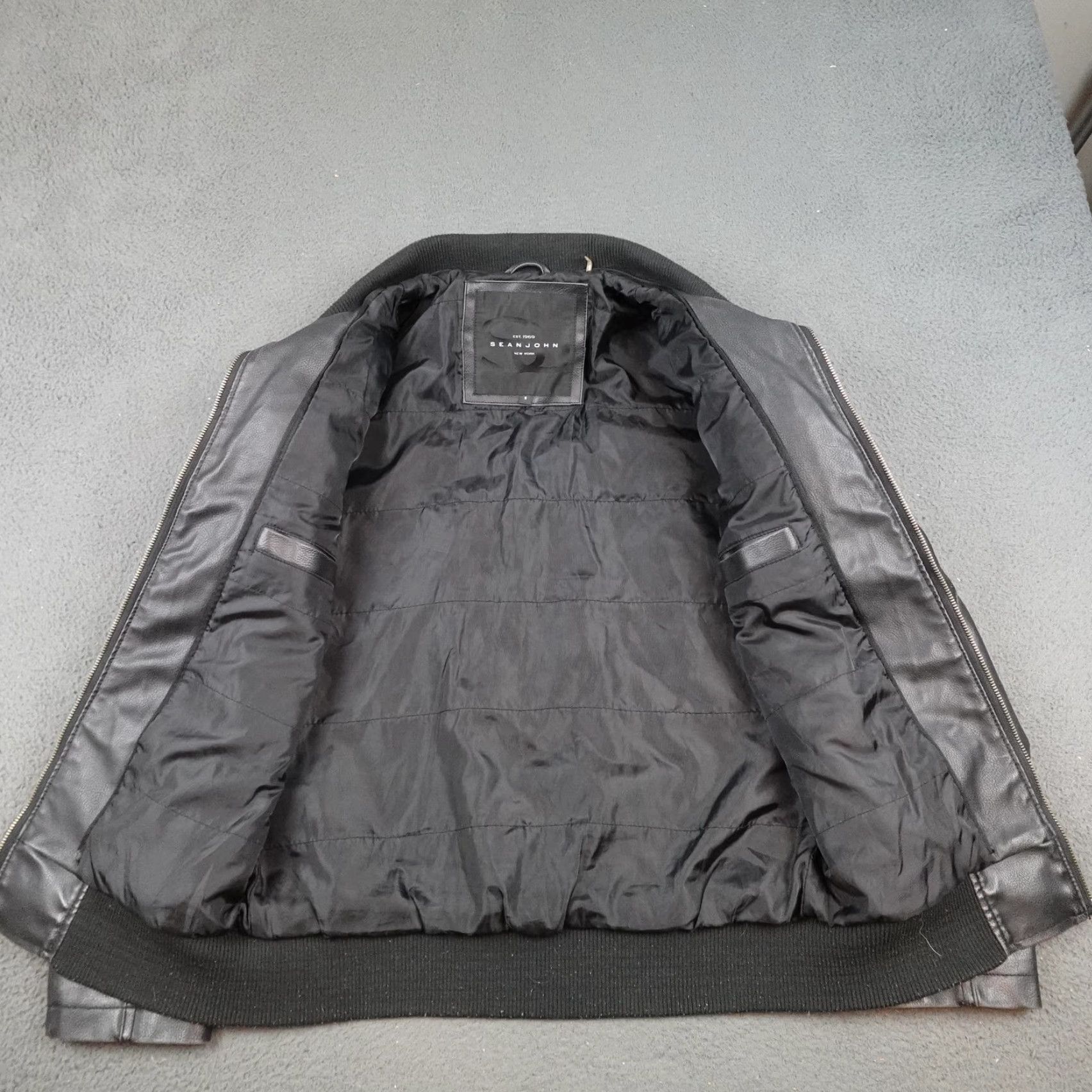 Sean John Sean John Jacket Mens Small Black Faux Leather Full Zip Bomber Padded Pockets Size US S / EU 44-46 / 1 - 6 Thumbnail
